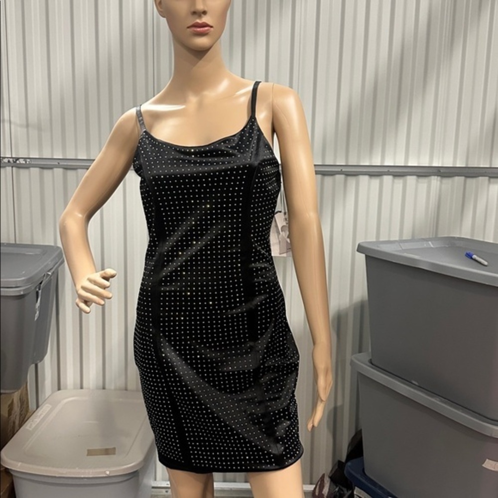 NWT IRIS Black sparkling spaghetti strap beaded mini dress